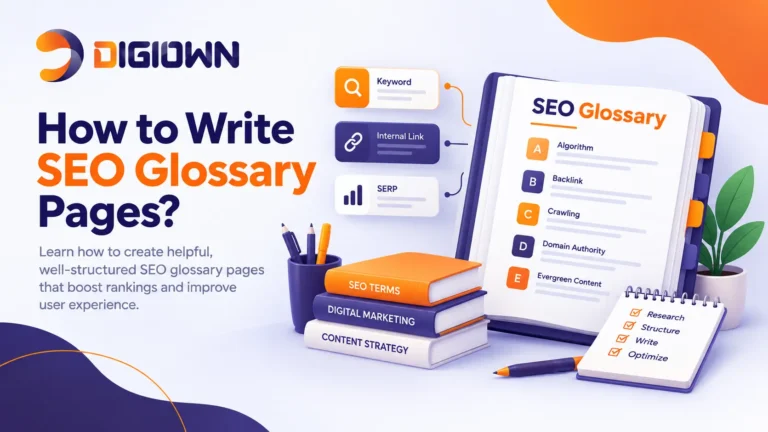 SEO glossary page with key SEO terms and writing tips